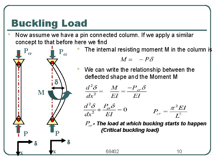 • Buckling Load Now assume we have a pin connected column. If we • Buckling Load Now assume we have a pin connected column. If we