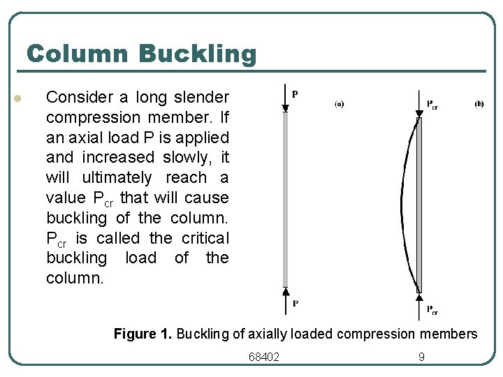 Column Buckling l Consider a long slender compression member. If an axial load P Column Buckling l Consider a long slender compression member. If an axial load P