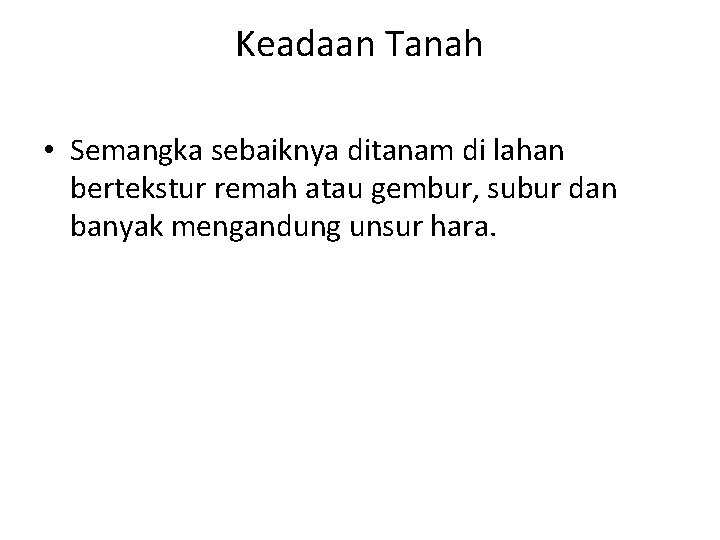 Keadaan Tanah • Semangka sebaiknya ditanam di lahan bertekstur remah atau gembur, subur dan