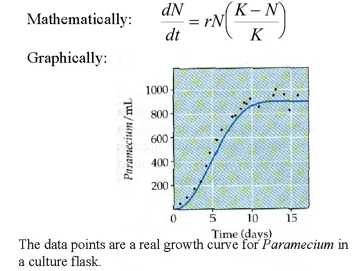 Mathematically: Graphically: The data points are a real growth curve for Paramecium in a