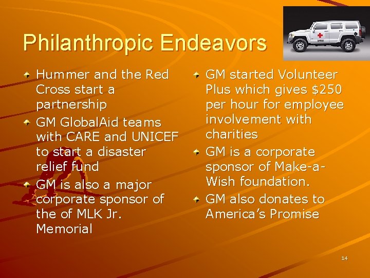 Philanthropic Endeavors Hummer and the Red Cross start a partnership GM Global. Aid teams Philanthropic Endeavors Hummer and the Red Cross start a partnership GM Global. Aid teams