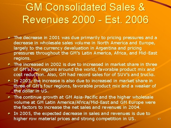 GM Consolidated Sales & Revenues 2000 - Est. 2006 The decrease in 2001 was GM Consolidated Sales & Revenues 2000 - Est. 2006 The decrease in 2001 was