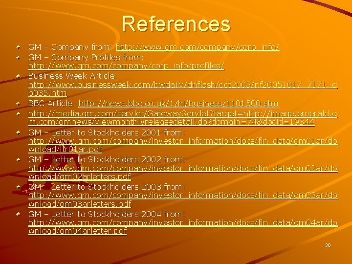 References GM – Company from: http: //www. gm. com/company/corp_info/ GM – Company Profiles from: References GM – Company from: http: //www. gm. com/company/corp_info/ GM – Company Profiles from: