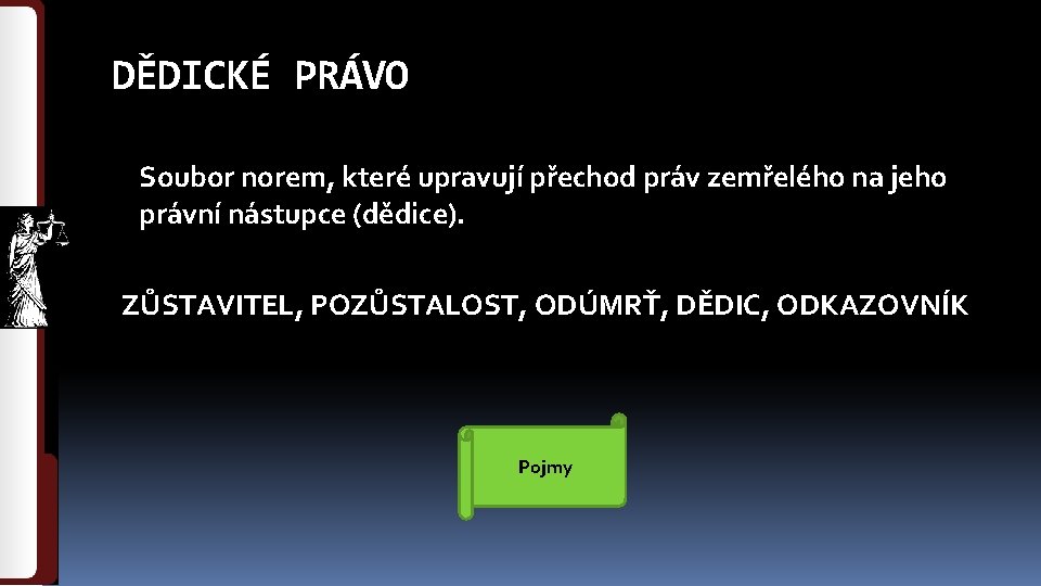 DĚDICKÉ PRÁVO Soubor norem, které upravují přechod práv zemřelého na jeho právní nástupce (dědice).