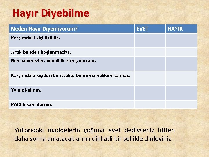 Hayır Diyebilme Neden Hayır Diyemiyorum? EVET HAYIR Karşımdaki kişi üzülür. Artık benden hoşlanmazlar. Beni