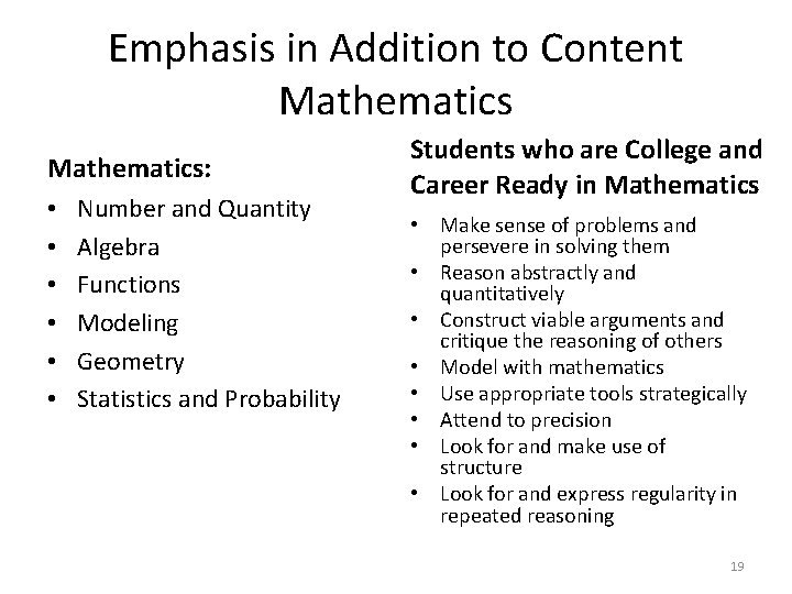 Emphasis in Addition to Content Mathematics: • • • Number and Quantity Algebra Functions