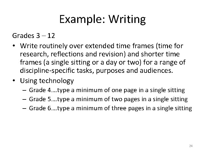 Example: Writing Grades 3 – 12 • Write routinely over extended time frames (time