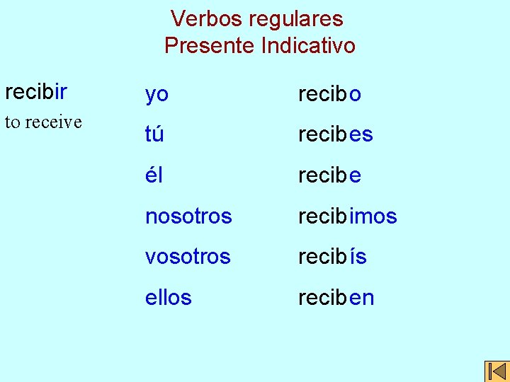 Verbos regulares Presente Indicativo recibir to receive yo recib o tú recib es él