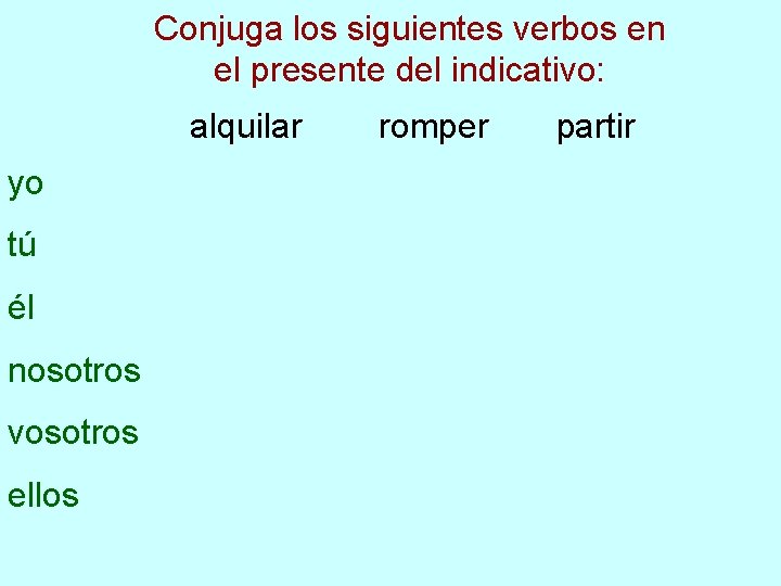 Conjuga los siguientes verbos en el presente del indicativo: alquilar yo tú él nosotros