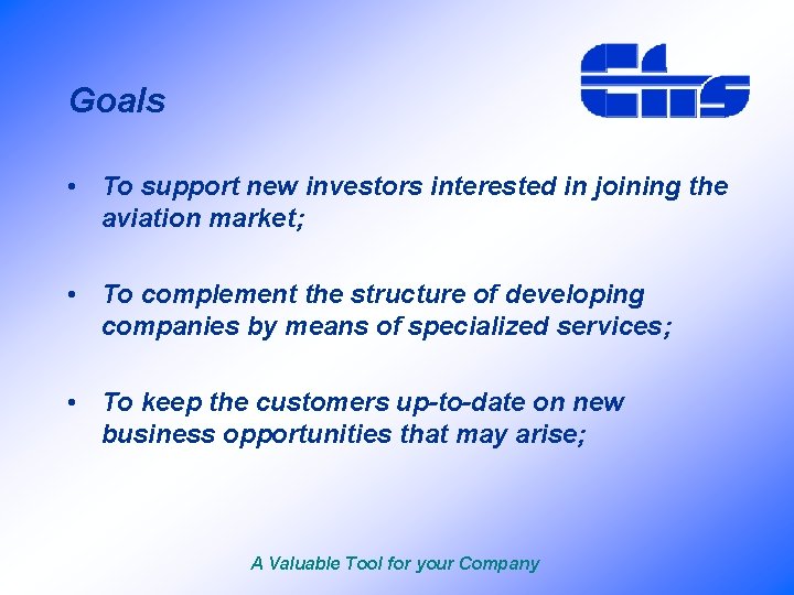 Goals • To support new investors interested in joining the aviation market; • To