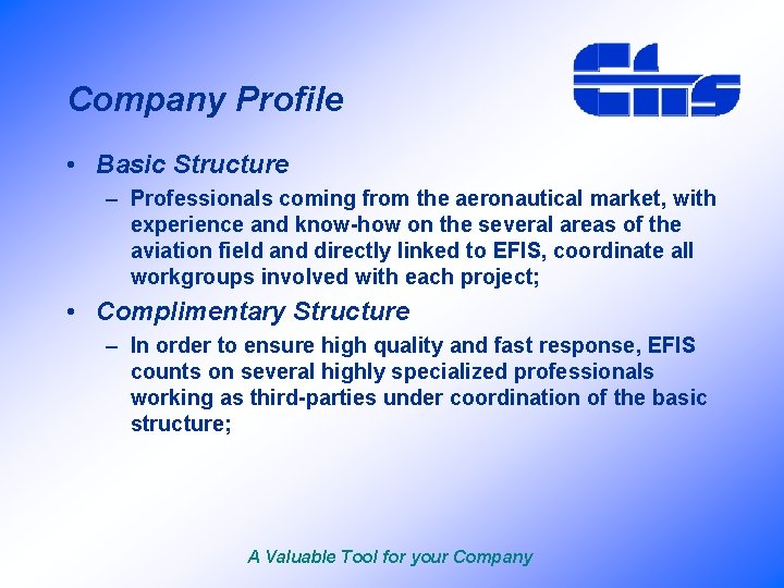 Company Profile • Basic Structure – Professionals coming from the aeronautical market, with experience