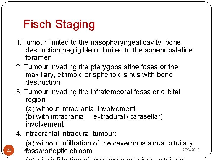 Fisch Staging 25 1. Tumour limited to the nasopharyngeal cavity; bone destruction negligible or