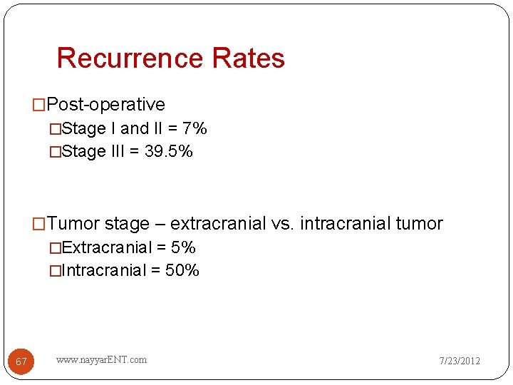 Recurrence Rates �Post-operative �Stage I and II = 7% �Stage III = 39. 5%