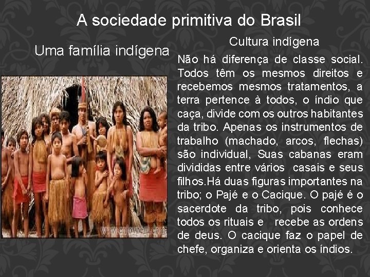 A sociedade primitiva do Brasil Uma família indígena Cultura indígena Não há diferença de