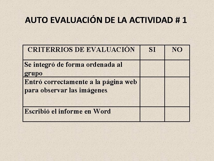 AUTO EVALUACIÓN DE LA ACTIVIDAD # 1 CRITERRIOS DE EVALUACIÓN Se integró de forma
