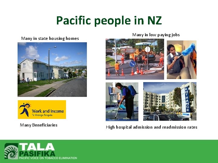 Pacific people in NZ Many in state housing homes Many Beneficiaries Many in low