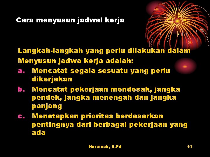 Cara menyusun jadwal kerja Langkah-langkah yang perlu dilakukan dalam Menyusun jadwa kerja adalah: a.