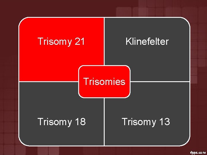 Trisomy 21 Klinefelter Trisomies Trisomy 18 Trisomy 13 