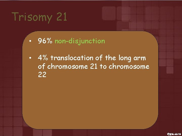 Trisomy 21 • 96% non-disjunction • 4% translocation of the long arm of chromosome