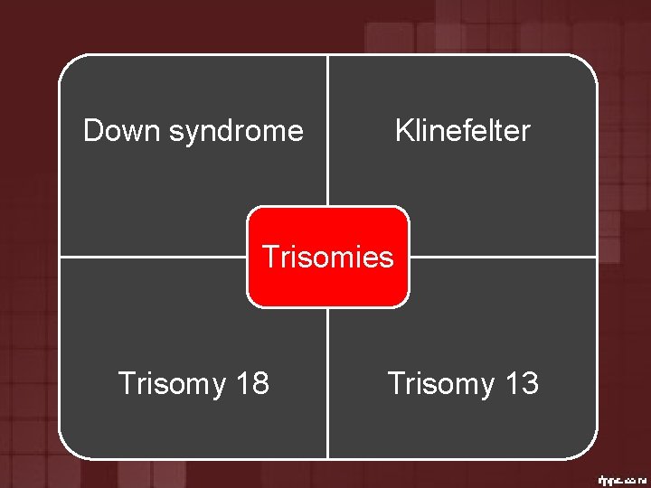 Down syndrome Klinefelter Trisomies Trisomy 18 Trisomy 13 