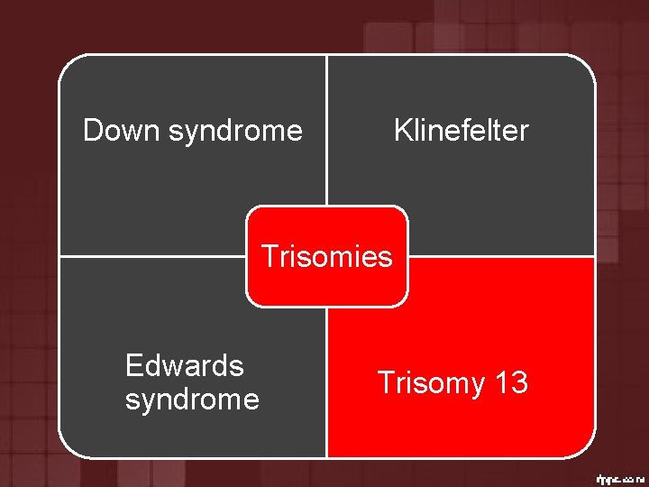 Down syndrome Klinefelter Trisomies Edwards syndrome Trisomy 13 