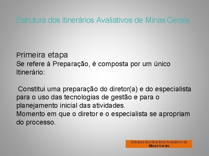 Estrutura dos Itinerários Avaliativos de Minas Gerais Primeira etapa Se refere à Preparação, é