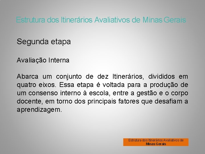 Estrutura dos Itinerários Avaliativos de Minas Gerais Segunda etapa Avaliação Interna Abarca um conjunto