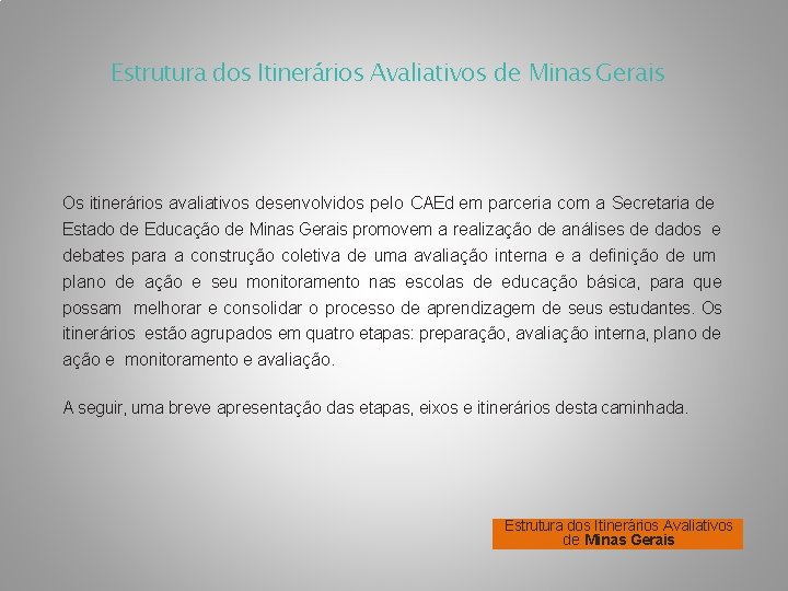 Estrutura dos Itinerários Avaliativos de Minas Gerais Os itinerários avaliativos desenvolvidos pelo CAEd em