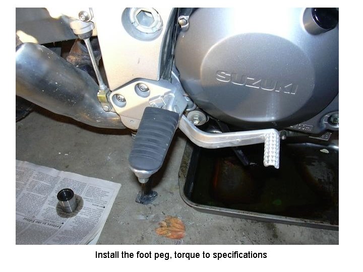 Install the foot peg, torque to specifications 