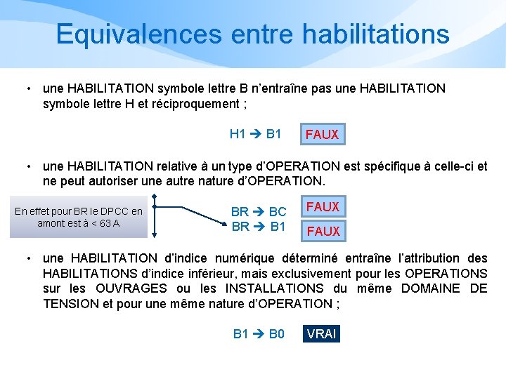 Equivalences entre habilitations • une HABILITATION symbole lettre B n’entraîne pas une HABILITATION symbole