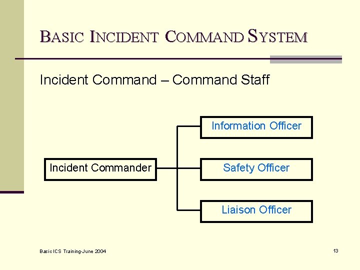 BASIC INCIDENT COMMAND SYSTEM Incident Command – Command Staff Information Officer Incident Commander Safety
