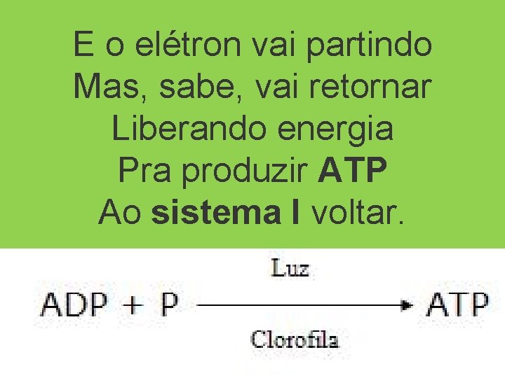 E o elétron vai partindo Mas, sabe, vai retornar Liberando energia Pra produzir ATP