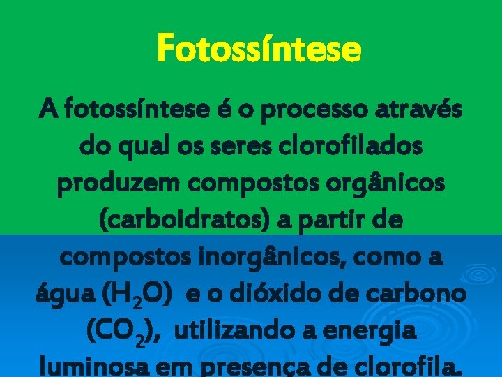 Fotossíntese A fotossíntese é o processo através do qual os seres clorofilados produzem compostos