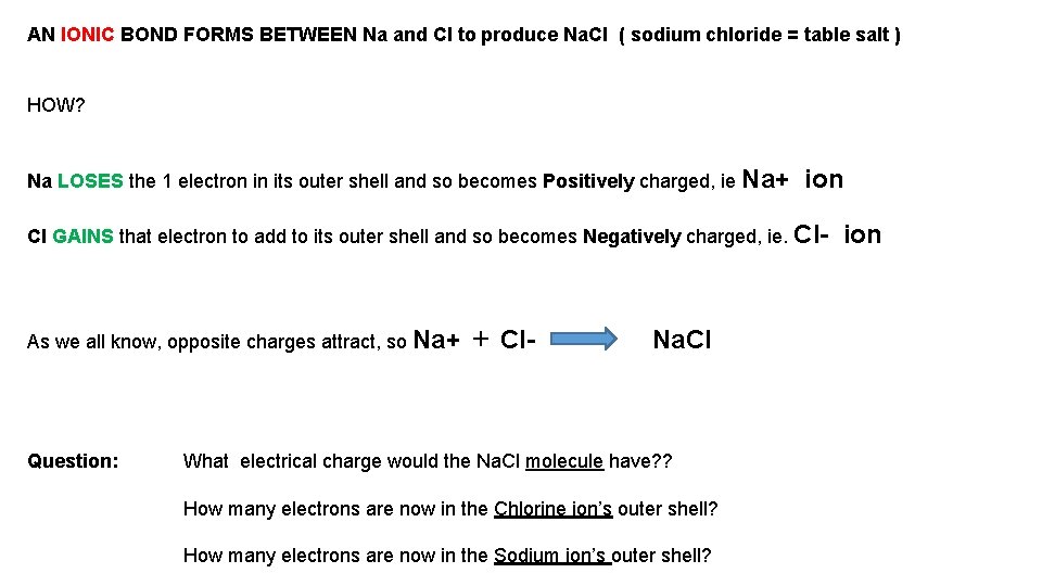 AN IONIC BOND FORMS BETWEEN Na and Cl to produce Na. Cl ( sodium