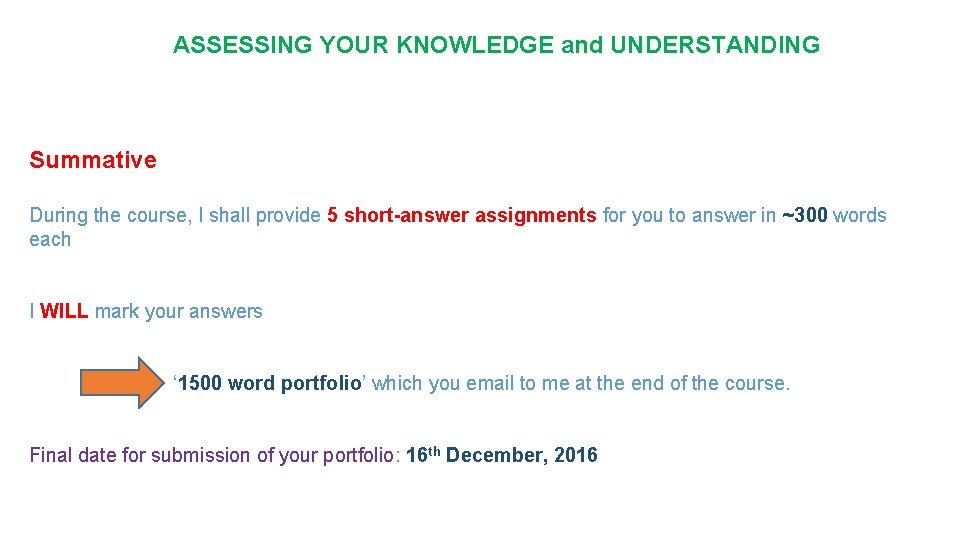 ASSESSING YOUR KNOWLEDGE and UNDERSTANDING Summative During the course, I shall provide 5 short-answer