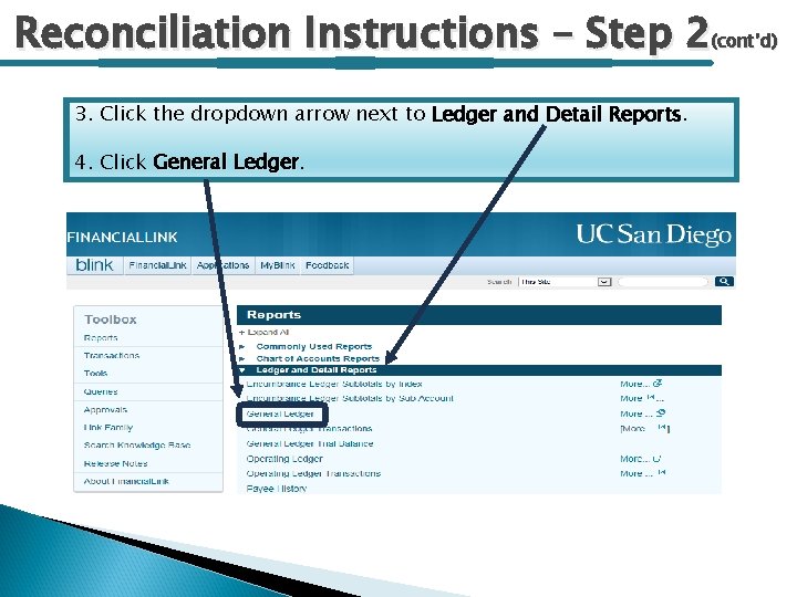 Reconciliation Instructions – Step 2(cont’d) 3. Click the dropdown arrow next to Ledger and