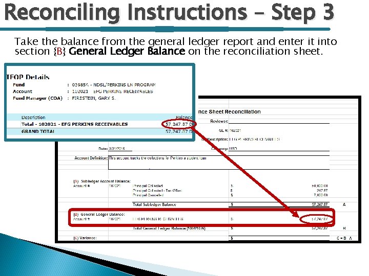 Reconciling Instructions – Step 3 Take the balance from the general ledger report and