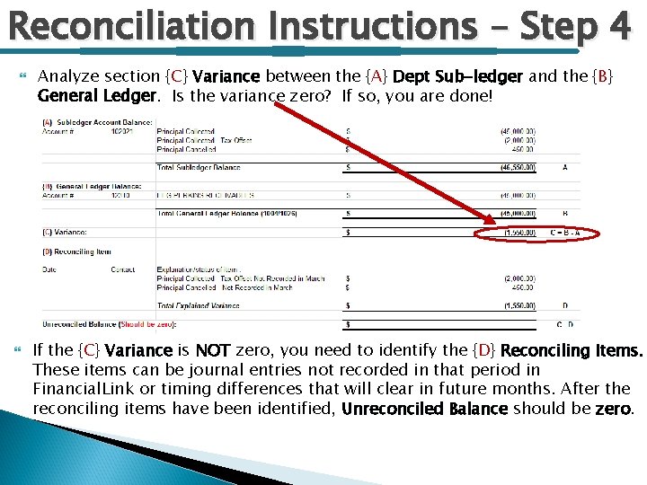 Reconciliation Instructions – Step 4 Analyze section {C} Variance between the {A} Dept Sub-ledger