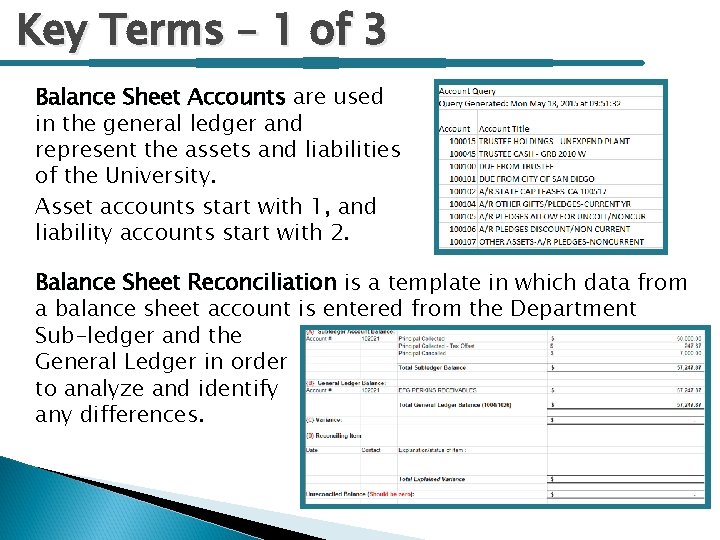 Key Terms – 1 of 3 Balance Sheet Accounts are used in the general