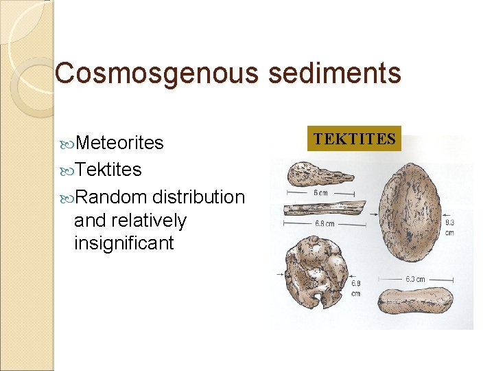 Cosmosgenous sediments Meteorites Tektites Random distribution and relatively insignificant TEKTITES 