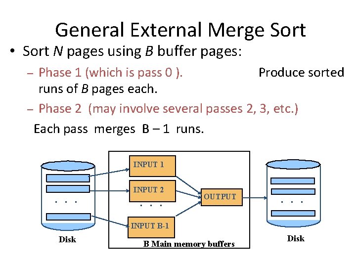 General External Merge Sort • Sort N pages using B buffer pages: Phase 1