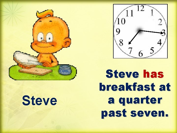 Steve has breakfast at a quarter past seven. 