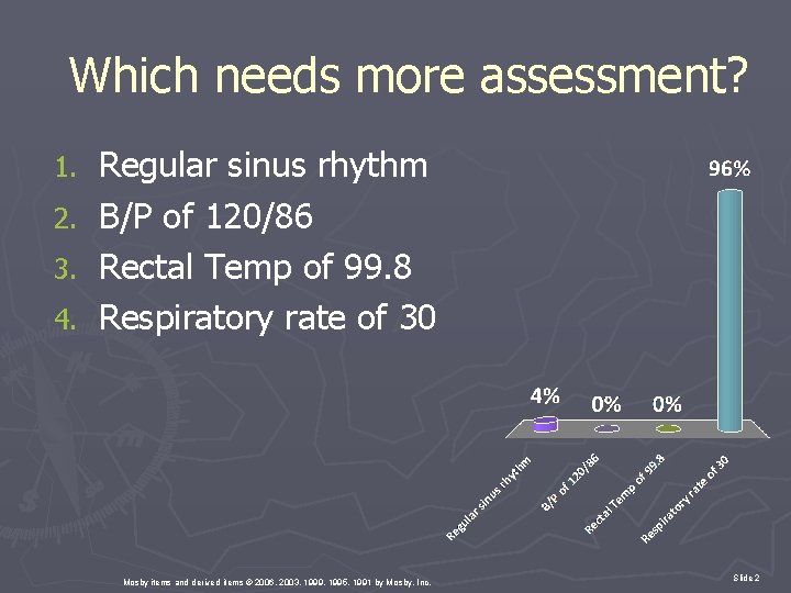 Which needs more assessment? 1. 2. 3. 4. Regular sinus rhythm B/P of 120/86