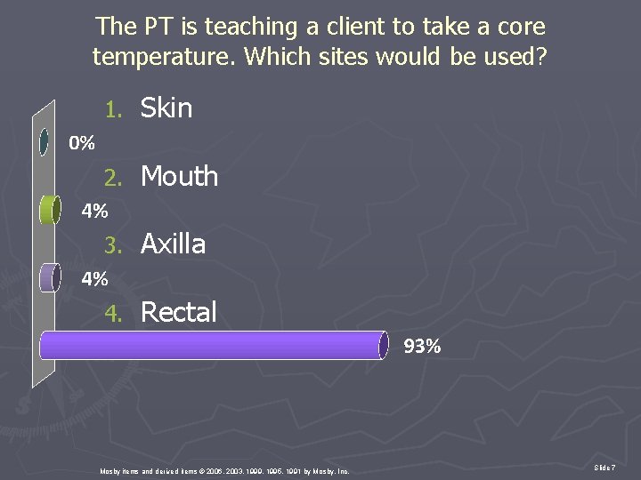 The PT is teaching a client to take a core temperature. Which sites would