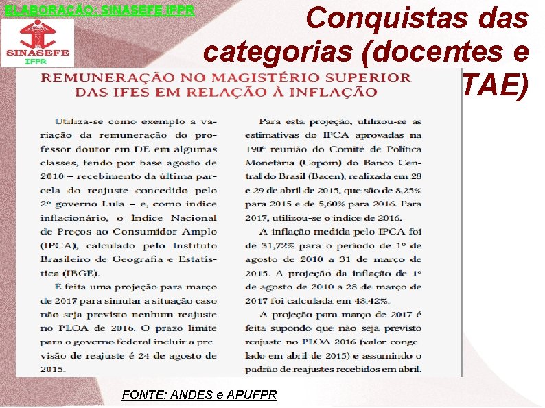 ELABORAÇÃO: SINASEFE IFPR Conquistas das categorias (docentes e TAE) FONTE: ANDES e APUFPR 