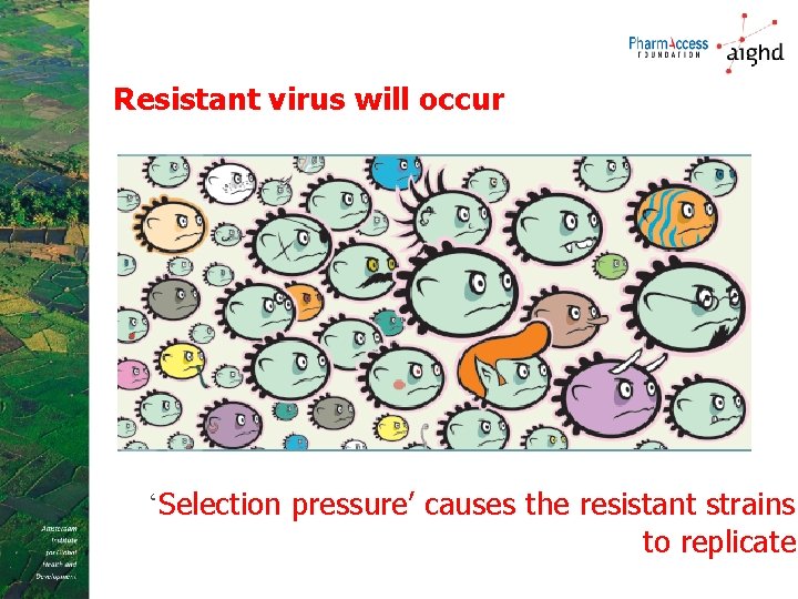 Resistant virus will occur ‘Selection pressure’ causes the resistant strains to replicate 