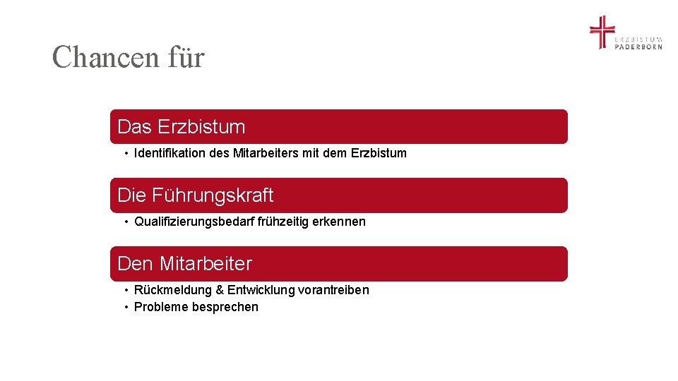 Chancen für Das Erzbistum • Identifikation des Mitarbeiters mit dem Erzbistum Die Führungskraft •