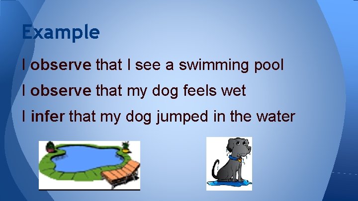 Example I observe that I see a swimming pool I observe that my dog