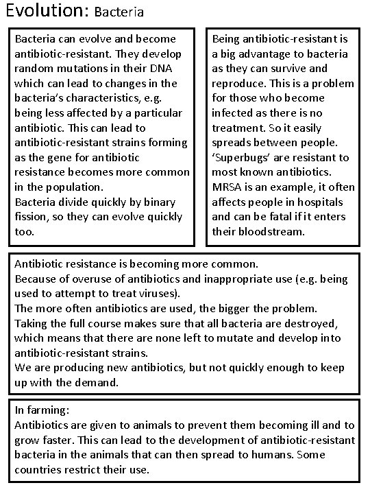 Evolution: Bacteria can evolve and become antibiotic-resistant. They develop random mutations in their DNA