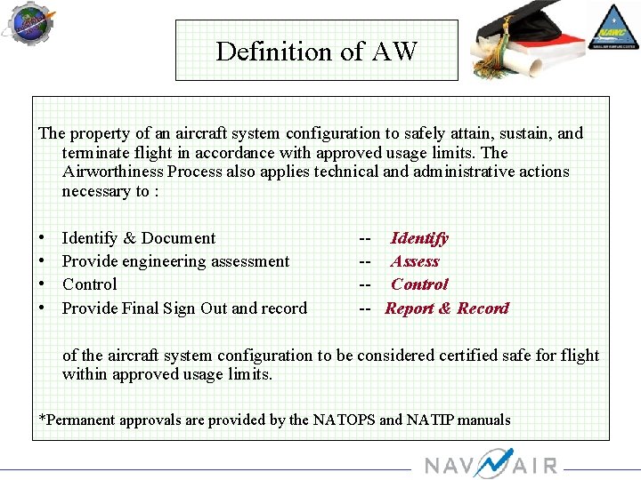 Definition of AW The property of an aircraft system configuration to safely attain, sustain,